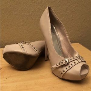 Nude open toe stiletto pumps